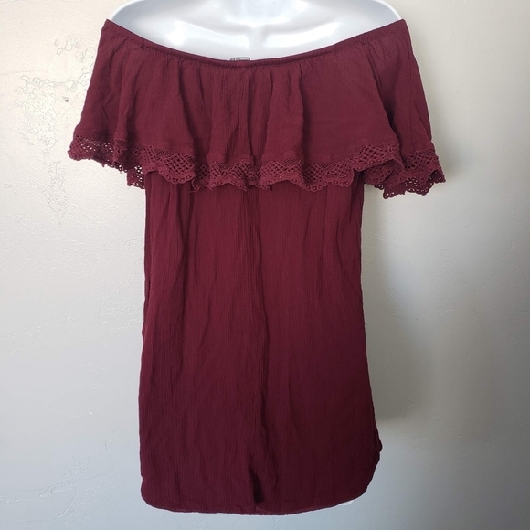Rue21 Small Burgundy Off the Shoulder Mini Dress Flounce Neck Tunic - Picture 3 of 6
